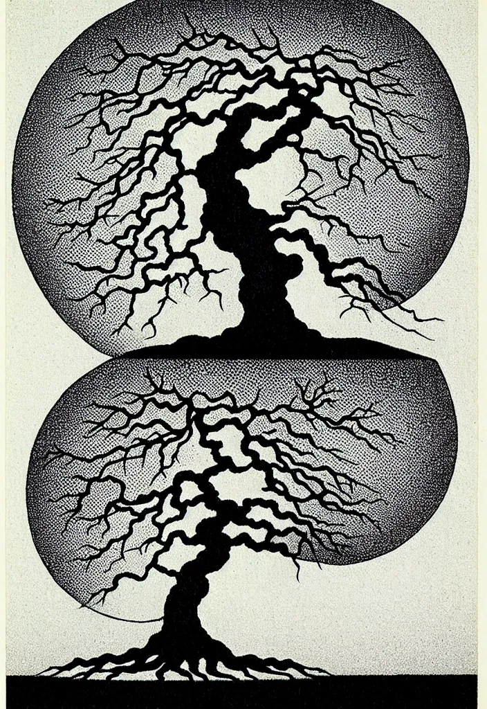 Prompt: prompt: white Bonsai tree roots merging into big moon drawn by Rene Magritte, Japanese woodblock print style, clean ink detailed line drawing, intricate detail, manga 1990