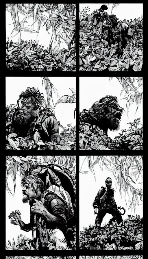 Prompt: multi - panel page from a highly detailed horror comic. a handsome rugged bearded man treks through a jungle wearing a backpack. exhausted, he stands on the edge of a cliff looking at distant mountains. ink.