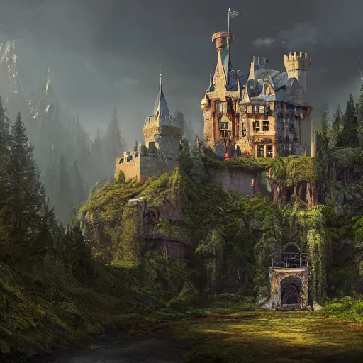Image similar to a painting of a castle in the middle of a forest, a detailed matte painting by senior environment artist, cgsociety, gothic art, matte painting, rendered in unreal engine, artstation hq