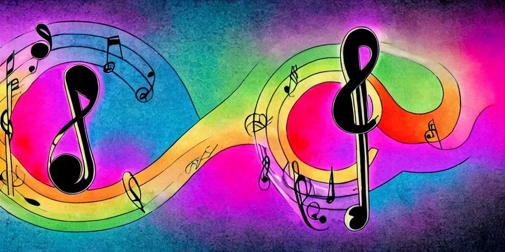 Image similar to a treble clef staff of complex musical notes and orchestral notation flowing from a prism pastel rainbow, comic book panel background, pink and grey muted colors, faded grey muted pastel colors, in the style of Pink Floyd Dark Side of the Moon