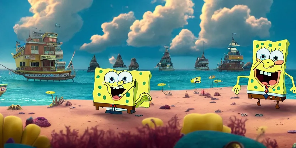 Prompt: a very high resolution image from a new movie of spongebob's home. beautiful scenery, photorealistic, photography, directed by wes anderson