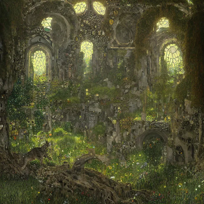 Prompt: ancient overgrown! ruins, medieval gates, runestones, mysetrious etherial mesmerizing runic!! cat eyes, magical elven geometry, concept art by gustav klimt!, deviantart contest winner, environmental art, fairy circle, high detail, intricate masterpiece