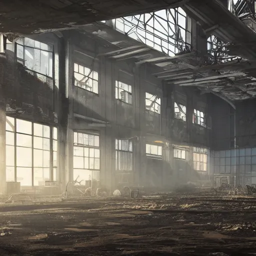 Prompt: abandoned industrial factory interior, dust visible by sun rays, digital art, trending on artstation