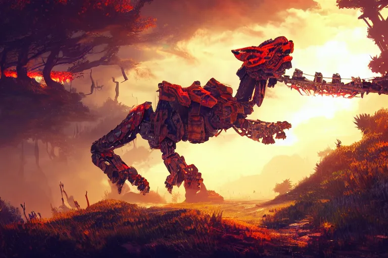 Image similar to fireclaw machine mecanical creature robot of horizon forbidden west horizon zero dawn bioluminiscence global illumination ray tracing hdr fanart arstation by ian pesty and alena aenami artworks in 4 k