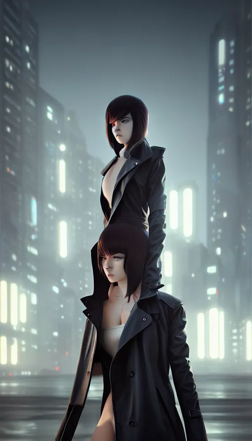 Image similar to realistic render of a cyborg - girl wearing a long trench coat by ross draws, futuristic dystopian city by ilya kuvshinov, digital anime art by ross tran, composition by sana takeda, lighting by greg rutkowski