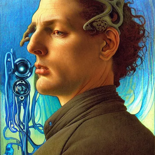 Image similar to realistic extremely detailed portrait painting of an average man ,futuristic , by Jean Delville, Amano, Yves Tanguy, Alphonse Mucha, Ernst Haeckel, Edward Robert Hughes, Roger Dean, rich moody colors, blue eyes