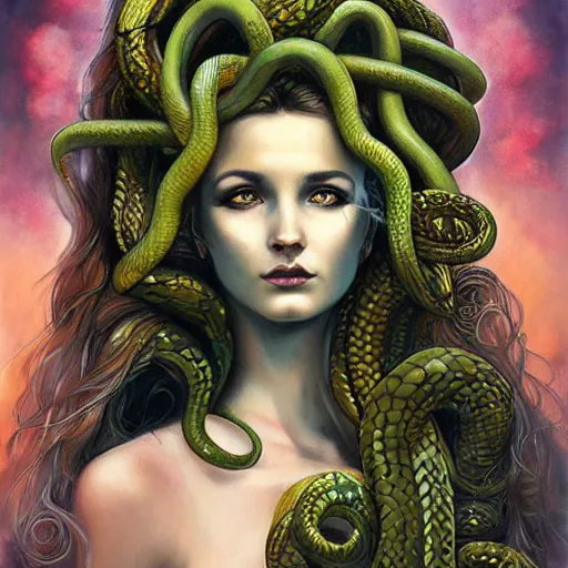 Image similar to realistic mythological greek medusa with snakes on the head, by anna dittmann