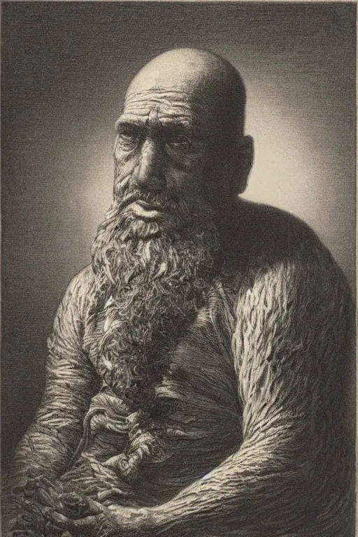 Image similar to portrait of SpongeBob SquarePants, Gustave Dore lithography