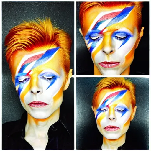 Image similar to a picture of a fresh apricot painted with david bowie's lightning make - up