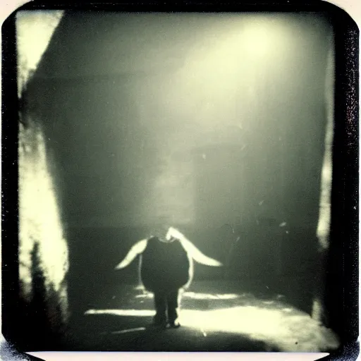 Prompt: a gigantic, lovecraftian creature lurking in the shadows of a dank, dark basement. scary, grotesque, old photo, polaroid