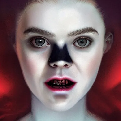 Image similar to Elle Fanning as a vampire with fangs with a white dog in the style of Paola Vetri, head and shoulders portrait, stormy weather, extremely detailed masterpiece, oil on canvas, low-key neon lighting, artstation, Blade Runner 2049, Roger Deakin’s cinematography, by J. C. Leyendecker and Peter Paul Rubens and Edward Hopper and Michael Sowa,