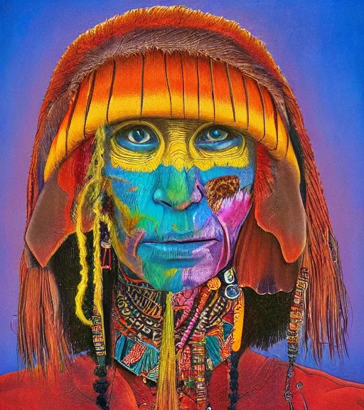 Image similar to Portrait painting in a style of Beksinski mixed with Alex Grey of an old shaman dressed in a colorful traditional clothes.