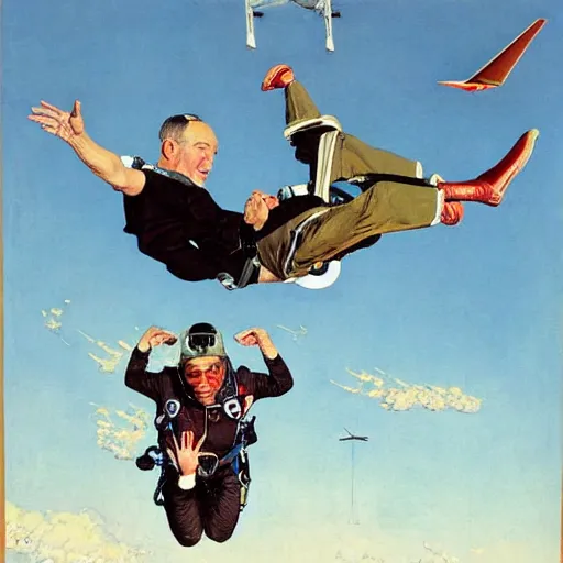 Image similar to benjamin netanyahu skydiving, plane and parachute in background, by norman rockwell, highly detailed, sharp faces