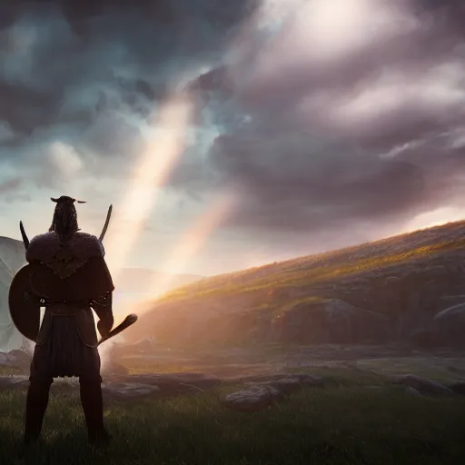 Prompt: a mighty viking warrior standing in front of a landscape of valhalla, god rays, inspired by norse mythology, portal to outer space, 4k digital art unreal engine trending on artstation