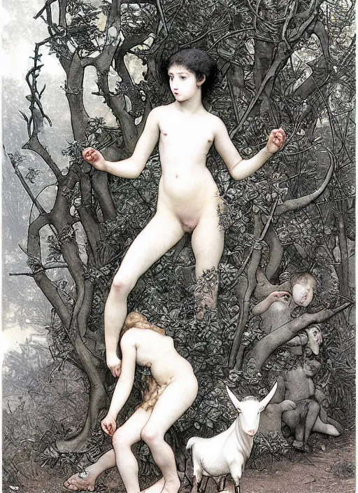 Image similar to boy and girl and a goat in a deep bloody thorns bones forest, by Vania Zouravliov, william-adolphe bouguereau and Takato Yamamoto, high resolution