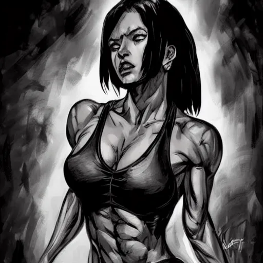 Image similar to a black haired woman in a black tank top, muscular upper body, abs, d & d, fantasy, intricate, elegant, highly detailed, digital painting, artstation, concept art, smooth, sharp focus, illustration, art by mike deodato