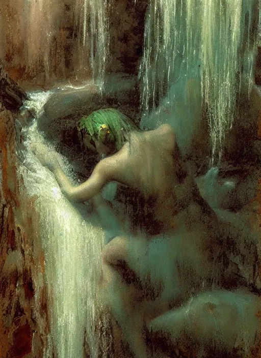 Prompt: painting of a goddess showering in a waterfall, unclothed but veiled in mist, detailed, stylized, loose brush strokes, pastel colors, blue and green hues, by Jeremy Mann, intricate, beautiful