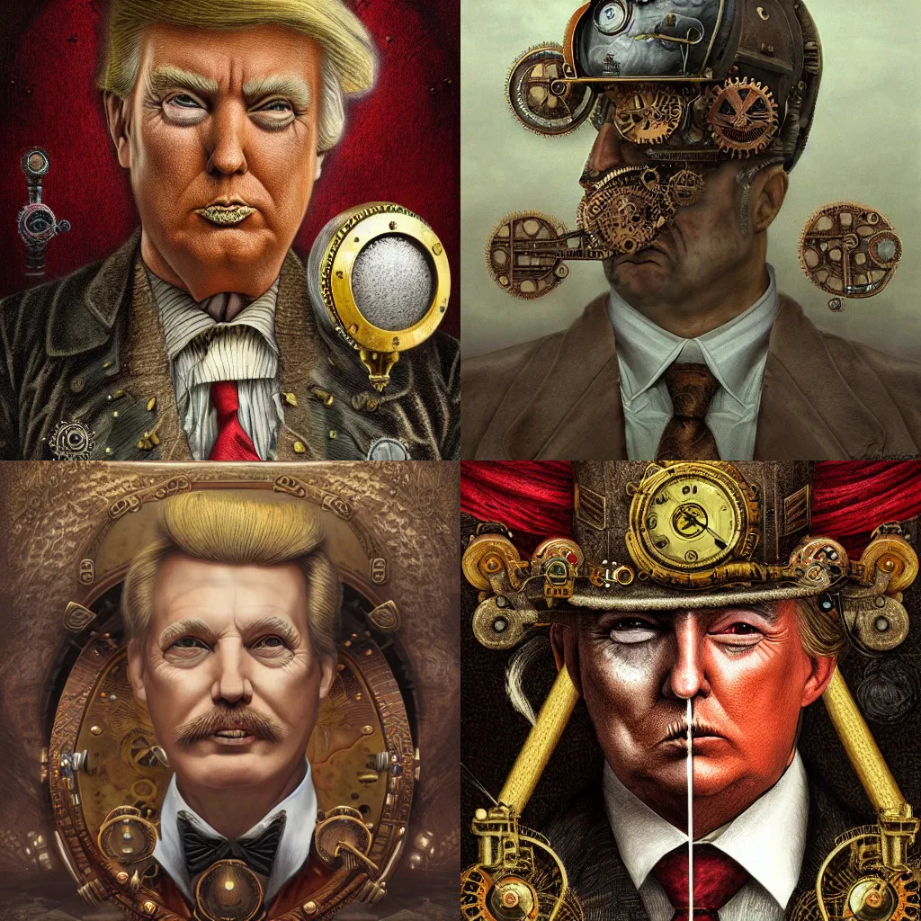 Prompt: a detailed illustration of steampunk trump by agostino arrivabene