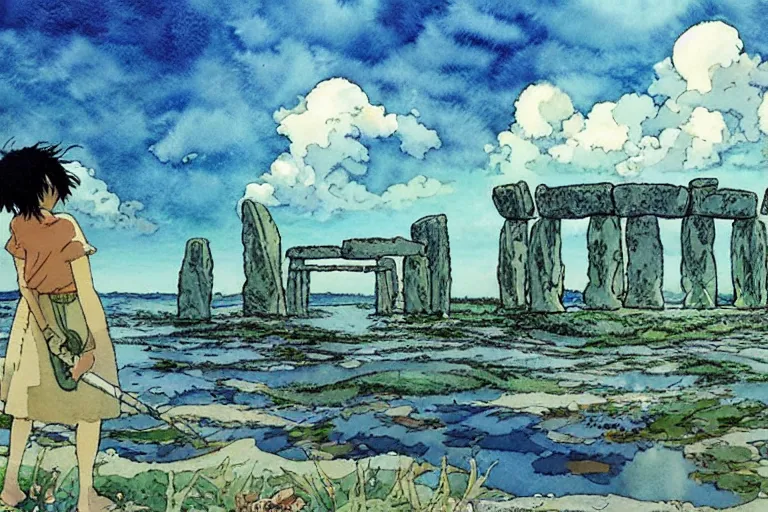 Image similar to a hyperrealist studio ghibli watercolor fantasy concept art. in the foreground is a giant lifting a stone. in the background is stonehenge. the scene is underwater on the sea floor. by rebecca guay, michael kaluta, charles vess