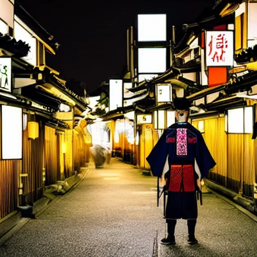 Prompt: High technology samurai with samurai hat at night in japan with city lights