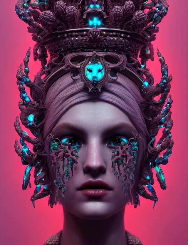 Image similar to symmetrical, centered, zbrush sculpt of goddess close-up portrait wigh crown made of skulls. phoenix betta fish, phoenix, bioluminiscent creature, super intricate ornaments artwork by Tooth Wu and wlop and beeple and greg rutkowski