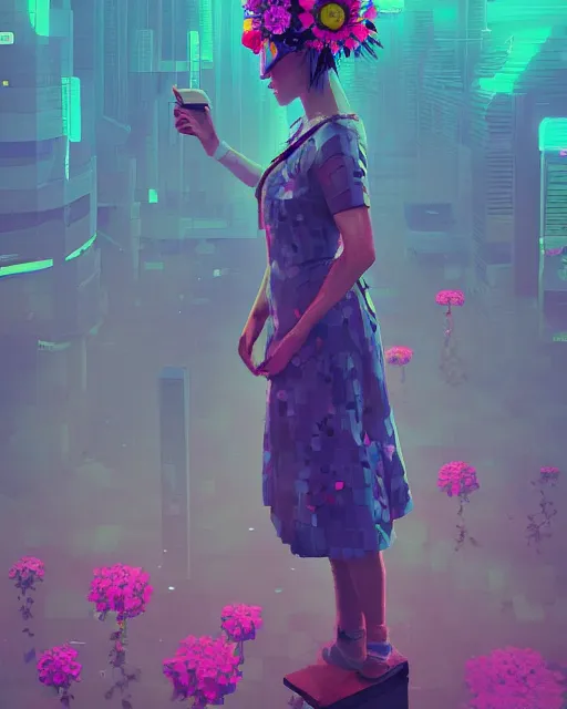 Image similar to a digital painting of a woman with flowers in her hair, cyberpunk art by beeple, behance contest winner, retrofuturism, voxel art, # pixelart, dystopian art