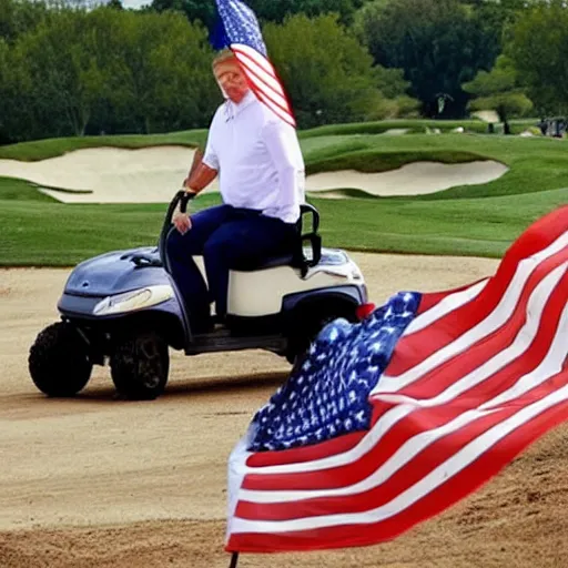 Image similar to donald trump riding a nuke, dirt bikes, golf cart, america flag, prison