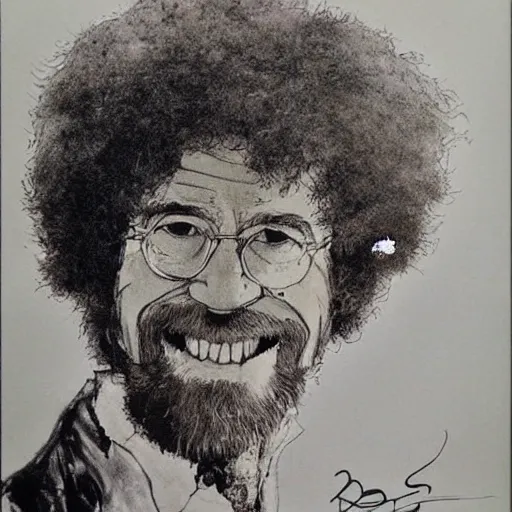 Prompt: bob ross in a portrait, drawn in ink by ralph steadman