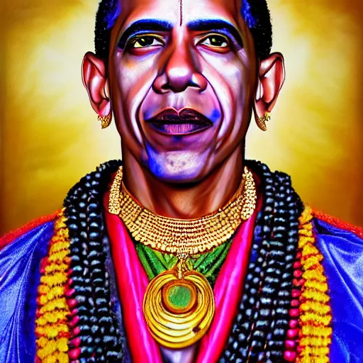 Image similar to Fantasy portrait of Barak Obama as a Kathakali dancer, hyper-realistic Portrait in style of Hajime sorayama, hyperdetailed , supersharp, hypermaximalist, smooth gradients