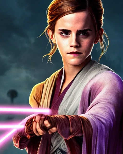 Image similar to emma watson as a jedi with ripped and damaged clothes holding a purple lightsaber in her hands, very dark background, official star wars episode xii movie poster, perfect symmetrical face, moody lighting, 8 k, shallow depth of field, intricate detail,