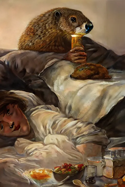 Image similar to groundhog cooking meth lies on the bed, realistic portrait, highly detailed, digital painting, artstation, concept art, smooth, sharp focus, illustration, cinematic lighting, art by artgerm and greg rutkowski and alphonse mucha