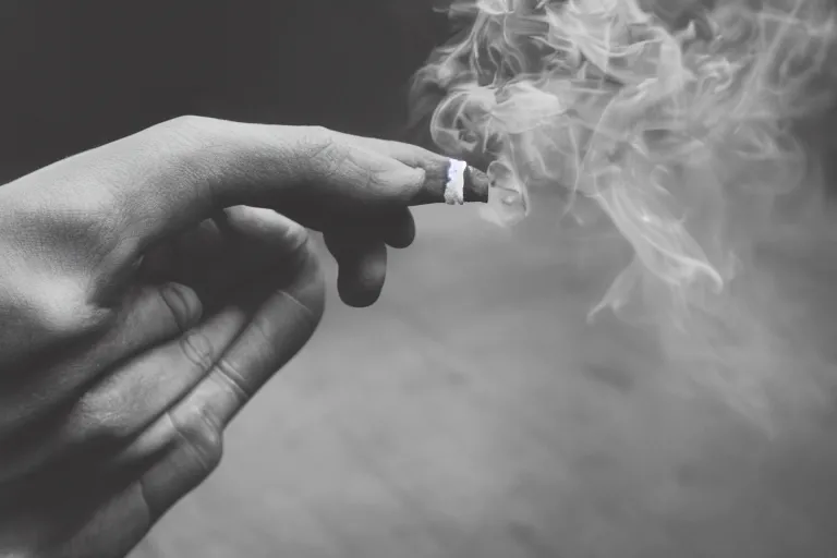 Image similar to Close-up of thin soft hand, hand with cigarette with smoke, hand with five fingers, hyper realistic, high details, photo, super resolution