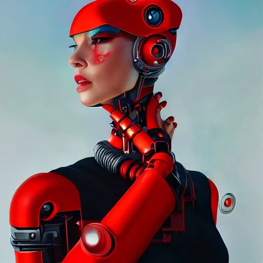 Image similar to Futuristic portrait painting of a cyborg girl with black and red robotic parts, medium shot, asymmetrical, profile picture, Organic Painting, sunny day, Matte Painting, bold shapes, hard edges, street art, trending on artstation, by Huang Guangjian and Gil Elvgren and Sachin Teng