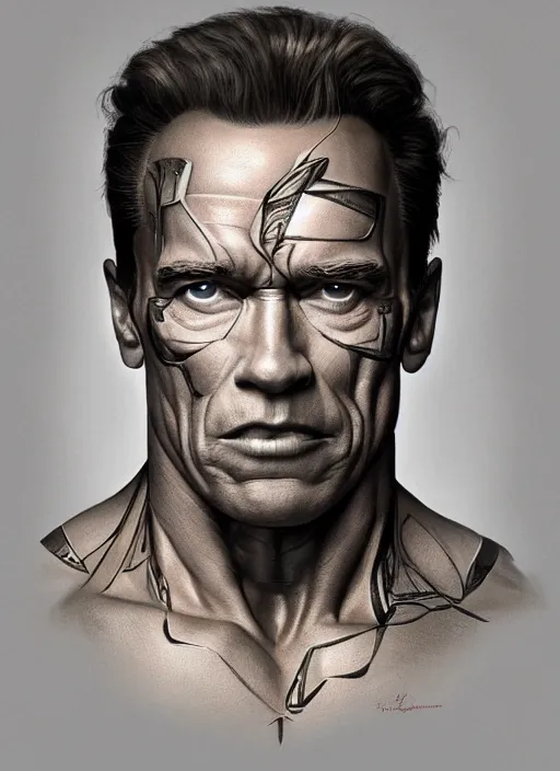 Image similar to symmetry!! arnold schwarzenegger, machine parts embedded into face, intricate, elegant, highly detailed, digital painting, artstation, concept art, smooth, sharp focus, illustration, art by artgerm and greg rutkowski and alphonse mucha, 8 k