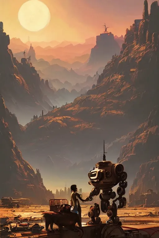 Image similar to beautiful matte painting of robot dog, apocalyptic fallout 7 6, steampunk, hyper realistic, gta 5 cover, artstation by jesper ejsing, by rhads, makoto shinkai and lois van baarle, ilya kuvshinov, ossdraws, feng zhu and loish and laurie greasley, victo ngai