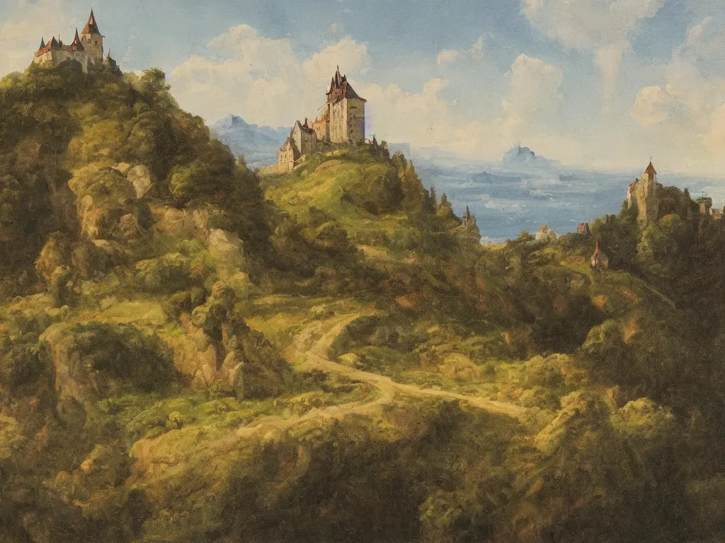 Image similar to a landscape painting of a german castle on the cliff