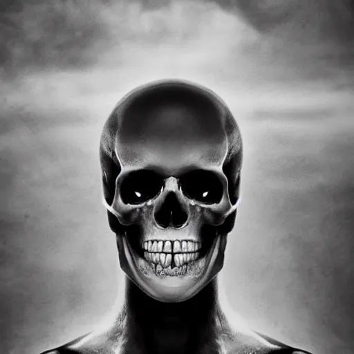 Image similar to a floating skull human, no body, heavenly dramatic lighting, perfection, ultra realistic, epic composition, ultra detailed, black and white, hyper symmetrical