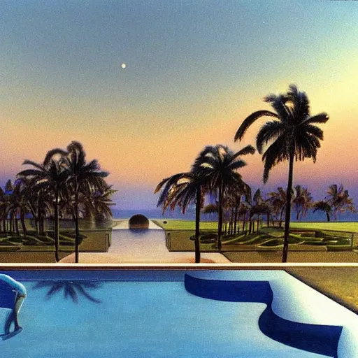 Image similar to David Ligare masterpiece, gold rings, hyperrealistic surrealism, award winning masterpiece with incredible details, beautiful lighting, pool caustics, illuminated orbs, epic stunning, infinity pool, a surreal vaporwave liminal space, highly detailed, trending on ArtStation, broken giant marble head statue ruins, calming, meditative, geometric liminal space, palm trees, very vaporwave, very very surreal, sharp details