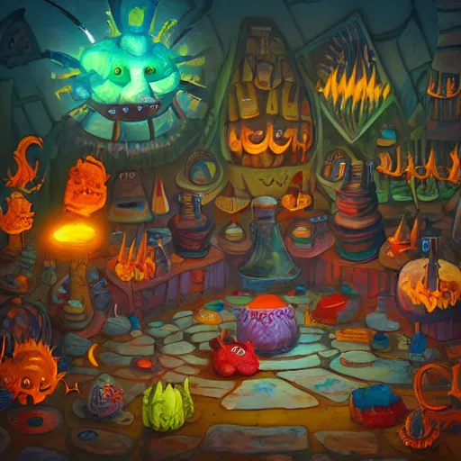 Image similar to these monsters are consumed by fire, yet they remain unharmed. they are surrounded by the tools of the alchemist's trade - beakers and test tubes full of colorful liquids, crystals, and books of ancient knowledge. the scene is suffused with an eerie glow, as if something magical is happening here.