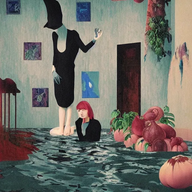 Image similar to tall emo artist in her flooded apartment, painting of flood waters inside an artist's home, a river flooding indoors, pomegranates, pigs, ikebana, zen, water, octopus, river, rapids, waterfall, black swans, canoe, berries, acrylic on canvas, surrealist, by magritte and monet