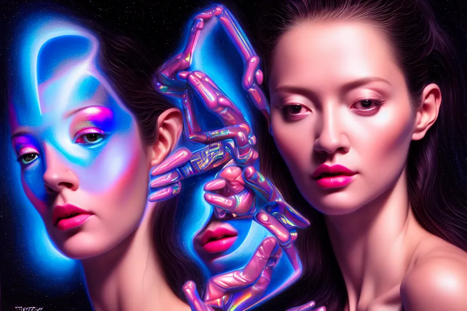 Image similar to beauty woman in holograms of alien artifacts, electrical case display, total recall tech, , ultrarealistic, dramatic lighting, electrical details, high details, 4k, 8k, best, accurate, trending on artstation, artstation, photorealism, ultrarealistic, digital painting, style of Tristan Eaton Stanley Artgerm and Hajime Sorayama, Caravaggio, Boris Vallejo