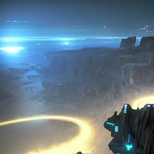Image similar to a thousand foot cliff overlooking an alien wasteland. night setting. tron style. realistic shaded lighting. unreal engine. bloom.