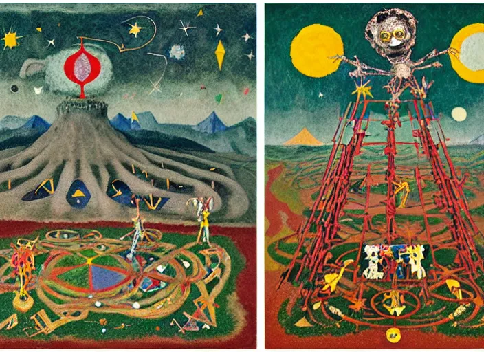 Image similar to pixel decollage painting tarot lovers card composition tower of babel road red armor wonky alien frog and maggot vampire clown knight on a skeleton pale horse in a dark green cloudy night sky with golden foil jewish stars and diamonds, mountain lake and blossoming field in background, painted by Mark Rothko, Helen Frankenthaler, Danny Fox and Hilma af Klint, pixelated, neo expressionism, semi naive, pastel colors, cinematic, color field painting, cave painting, voxel, pop art look, outsider art, minimalistic. Bill Traylor painting, part by Philip Guston, Amano and Francis Bacon. art by Adrian Ghenie and Storm Thorgerson, very coherent symmetrical artwork, cinematic, hyper realism, high detail, octane render, unreal engine, Smooth gradients, depth of field, full body character drawing, extremely detailed, 8k, extreme detail, intricate detail, masterpiece