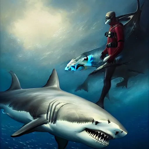 Image similar to a dream fantasy painting of ( white shark with blood teeth ) near a scuba diver, in the deep, trending on artstation, deviantart, matte painting by antonio j. manzanedo, greg rutkowski,