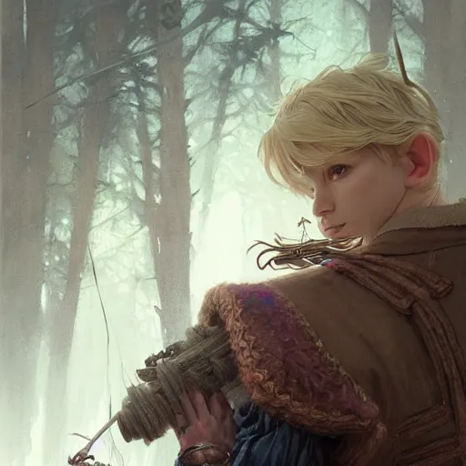 Image similar to elf fairy blonde male with a beautiful face, with a loot on their back, wearing a cardigan, highly detailed, intricate, digital painting, artstation, sharp focus, illustration, art by jakub rozalski, greg rutkowski, artgerm, tan zi and ayanamikodon and alphonse mucha and wlop