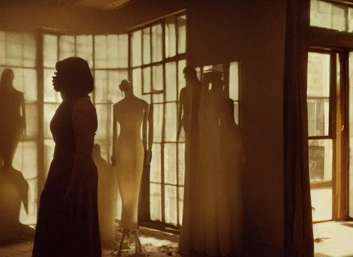 Prompt: cinematic screenshot of octavia spencer in an abandoned house surrounded by mannequins, screenshot from the tense being john malcovich thriller film ( 2 0 0 1 ) directed by spike jonze, dramatic backlit window, volumetric hazy lighting, moody cinematography, 3 5 mm kodak color stock, 2 4 mm lens, ecktochrome