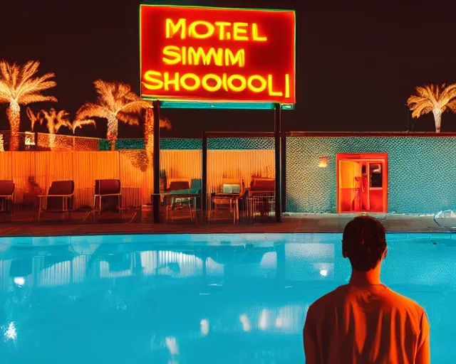 Prompt: photo of a man standing next to a swimming pool outside a motel with a neon sign in the desert at night, cinematic