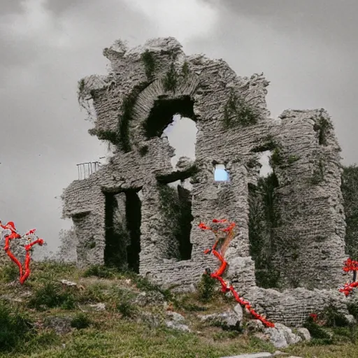 Prompt: the ruins of a village made out of stone on top of a cloud, overgrown with red vines, with a broken stone statue of a man in the middle of the ruins