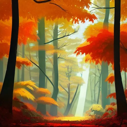 Image similar to goro fujita ilustration an autumn forest with tall trees, the ground full of leaves, the light rays reach the ground, the rain falls creating drops all over the forest., painting by goro fujita, sharp focus, highly detailed, artstation