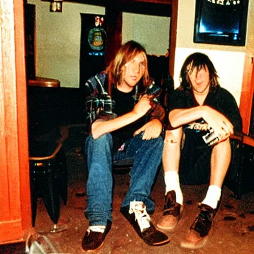 Image similar to elliott smith and kurt cobain hanging out at a bar